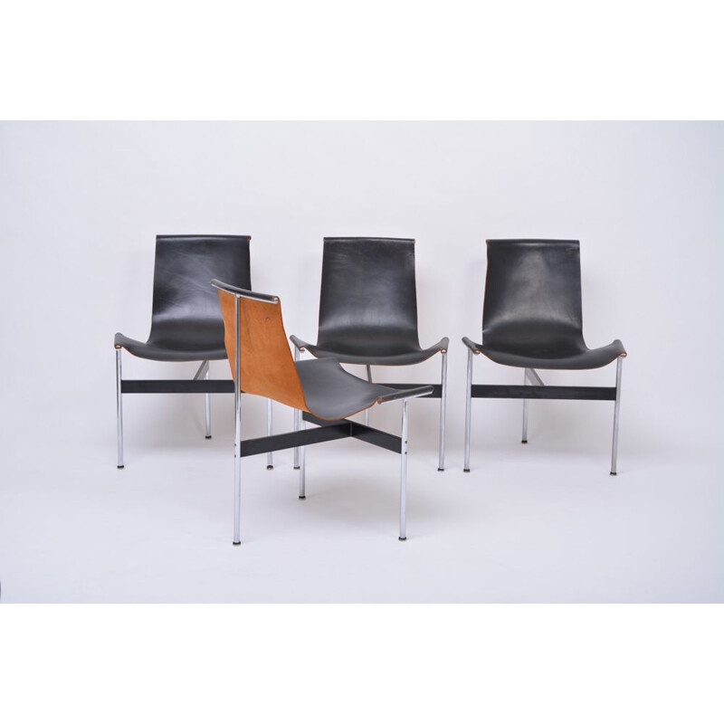 Set of four vintage T-Chairs in black leather by Katavolos, Littell and Kelly 1952