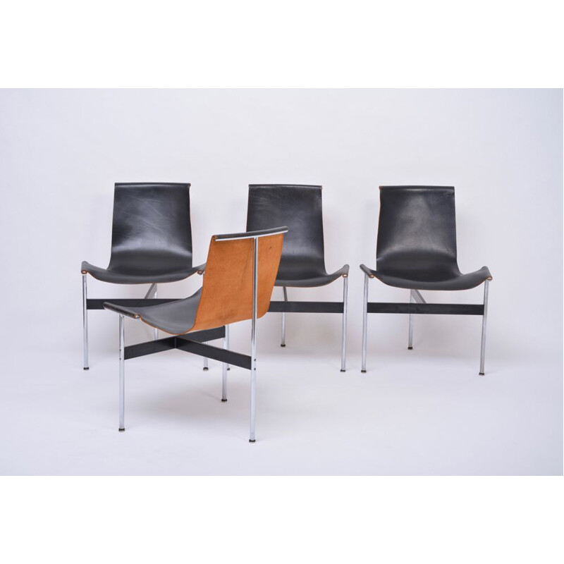 Set of four vintage T-Chairs in black leather by Katavolos, Littell and Kelly 1952