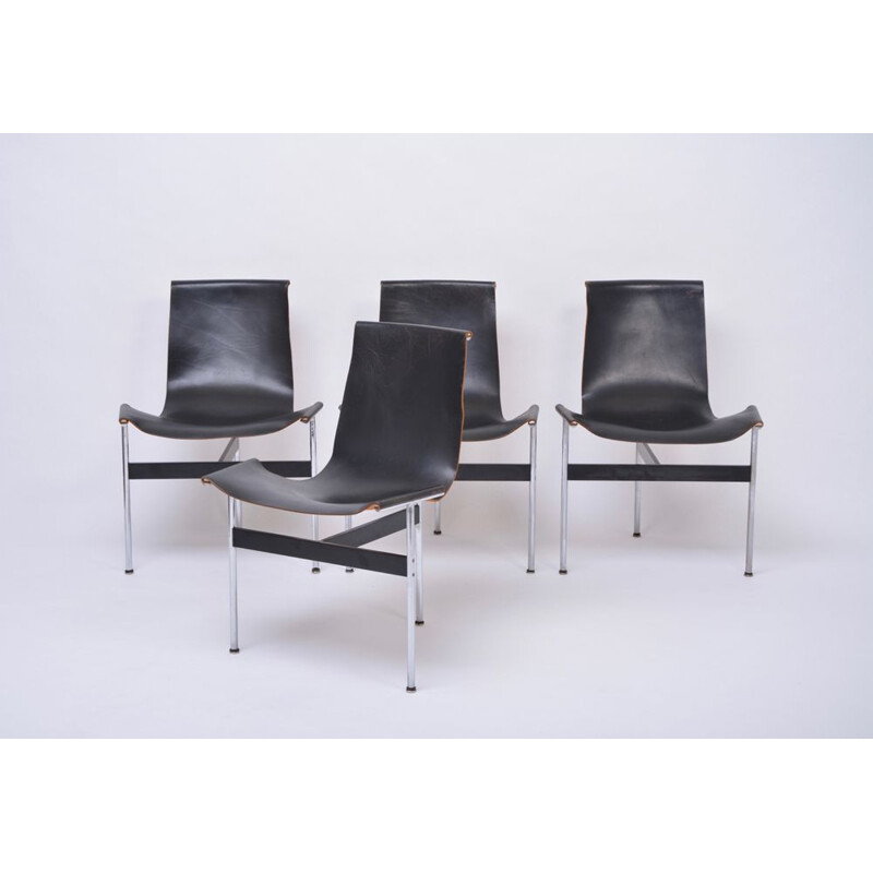 Set of four vintage T-Chairs in black leather by Katavolos, Littell and Kelly 1952