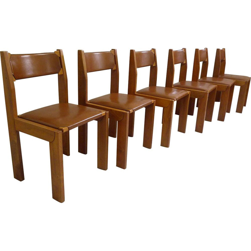 Vintage seet of 6 elm and leather chairs by Roche Bobois, 1980