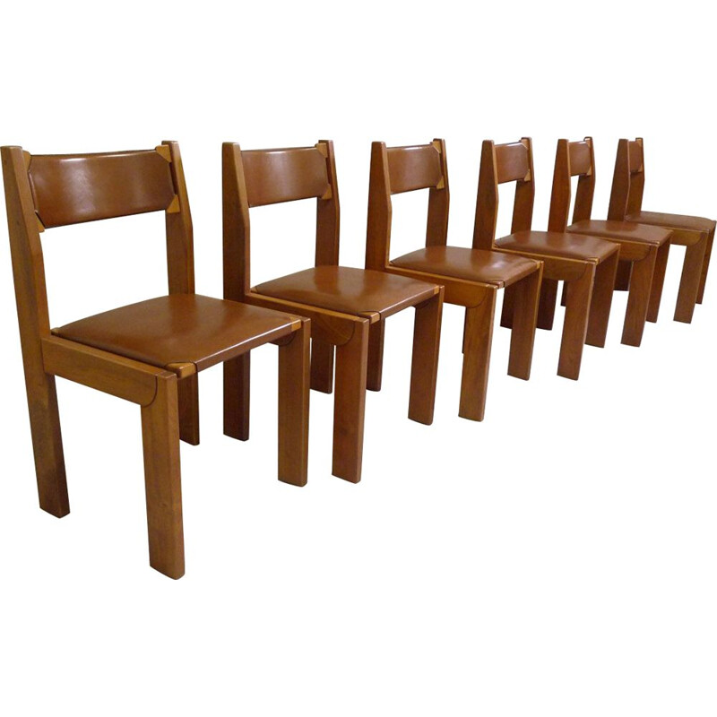 Suite de 6 chaises vintage en orme et cuir par Roche Bobois, 1980