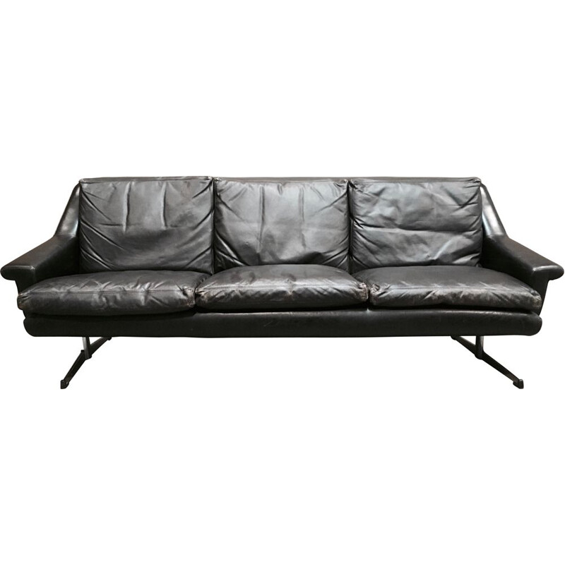 Vintage 3-seater black sofa made entirely of leather and chrome 1950