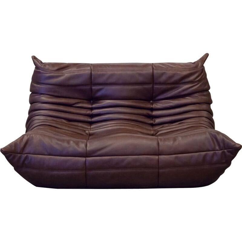 Vintage 2-seater Togo sofa for Ligne Roset in chocolate brown leather 1970