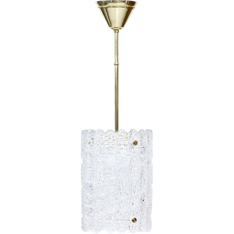 Lámpara de suspensión sueca vintage de cristal y latón de Carl Fagerlund para Orrefors, 1960