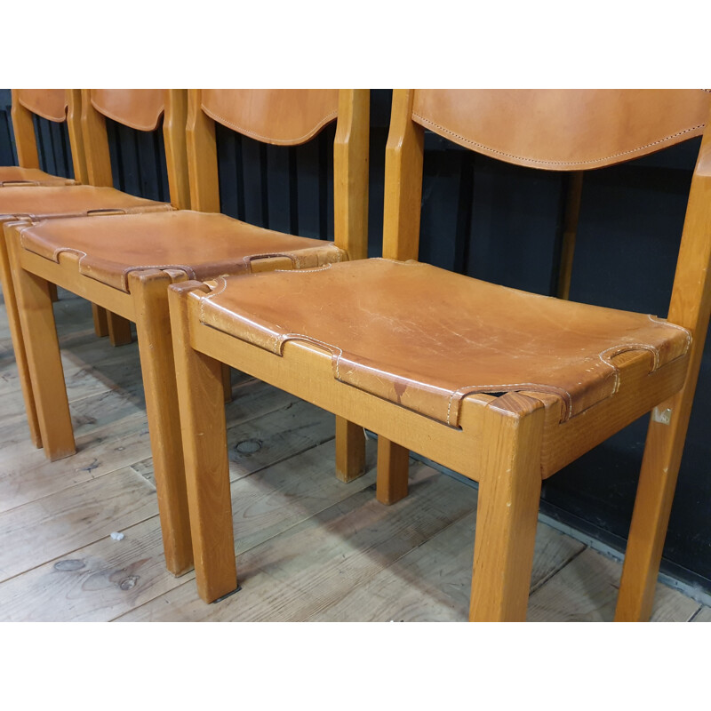 Set of 4 vintage chairs in elm and leather by Maison Regain, 1960s
