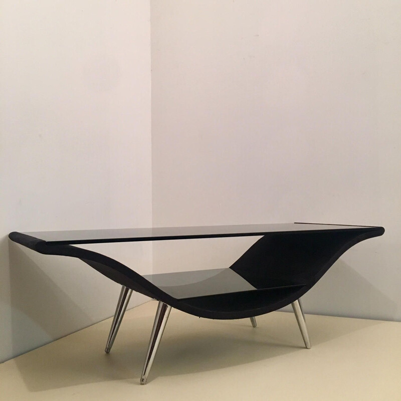 Table basse vintage en feutrine noire et verre à 2 plateaux, 1980