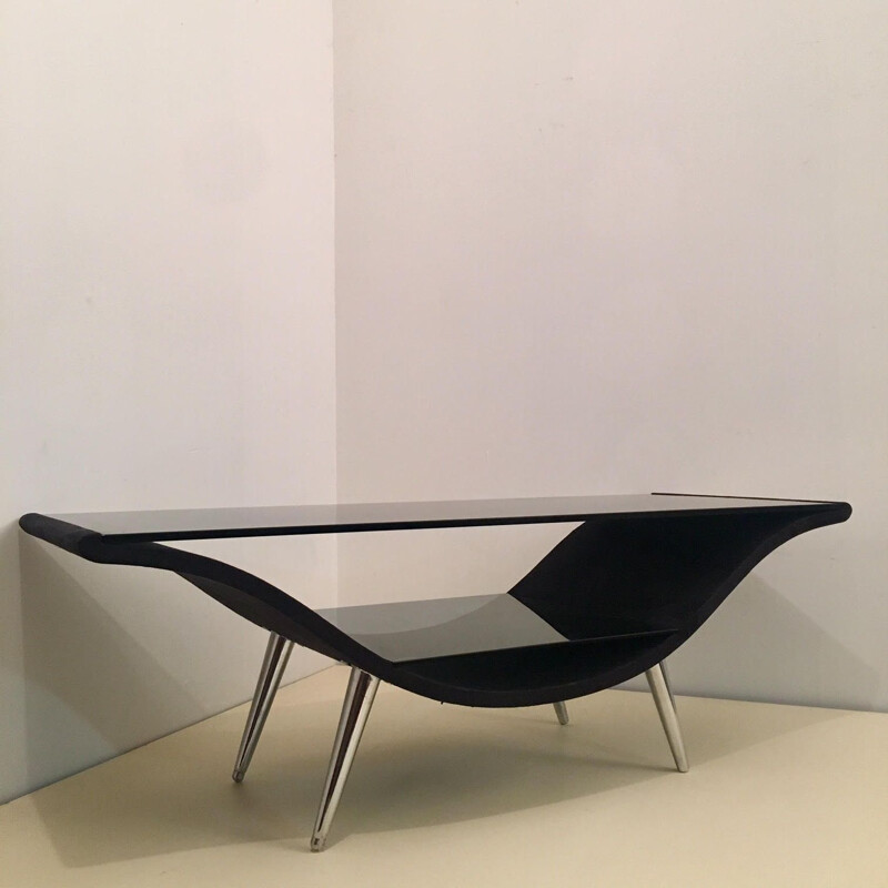 Vintage black felt and glass coffee table with 2 tops, 1980