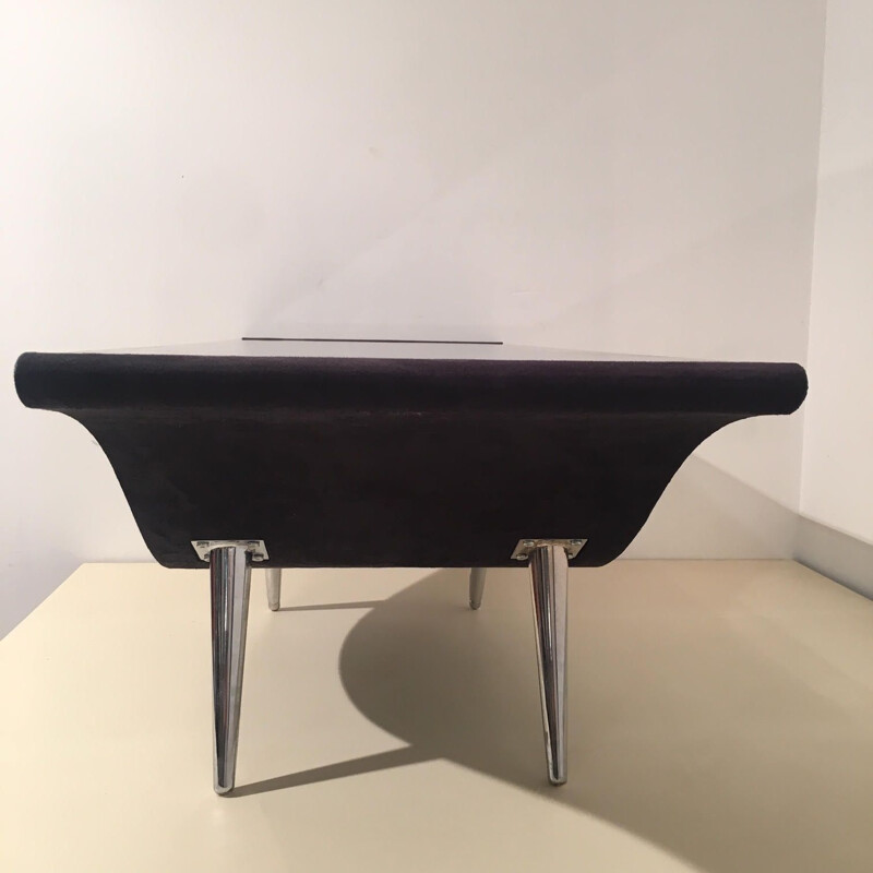 Vintage black felt and glass coffee table with 2 tops, 1980