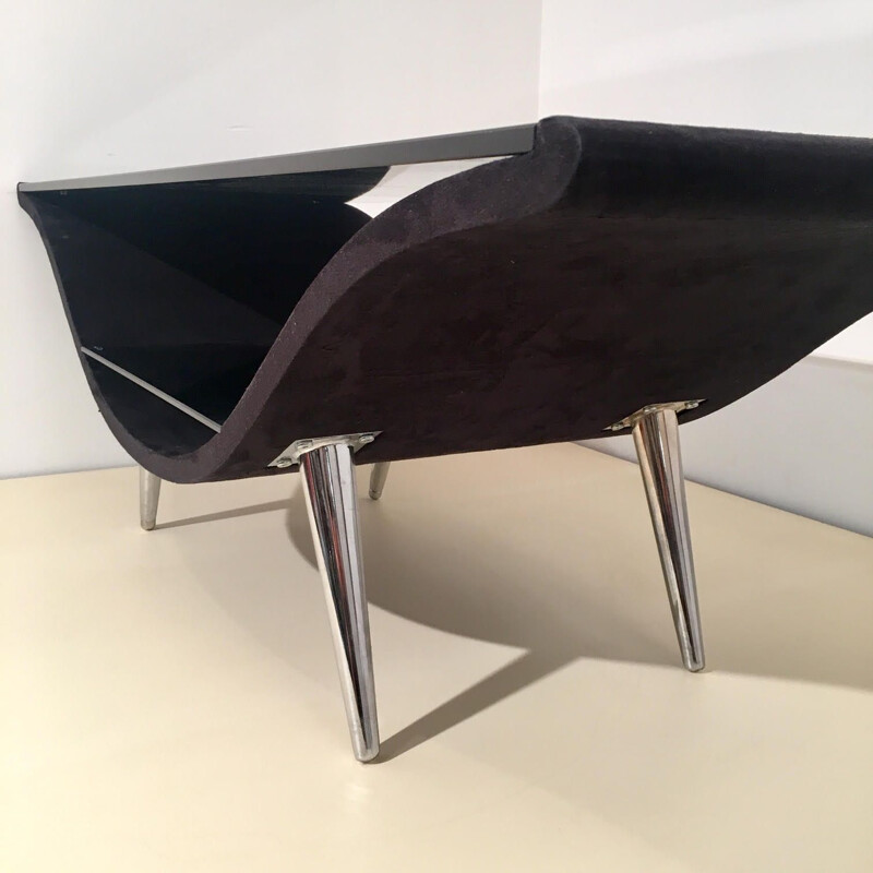 Vintage black felt and glass coffee table with 2 tops, 1980