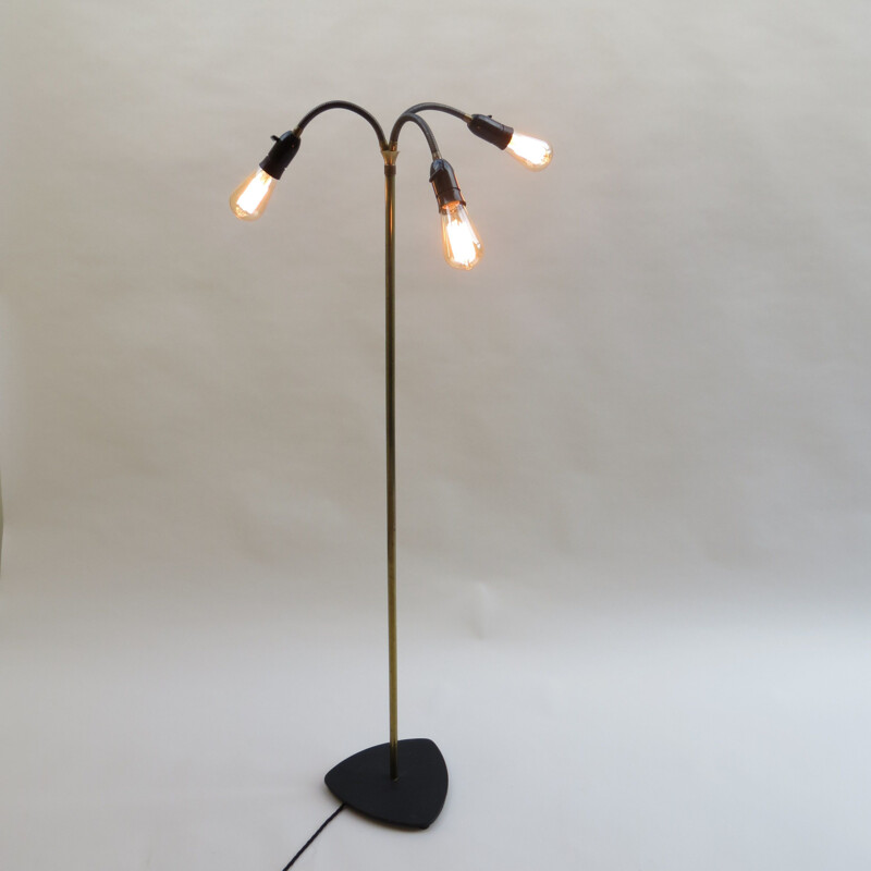 Vintage brass and metal 3 branch floor lamp, Denmark, 1950s