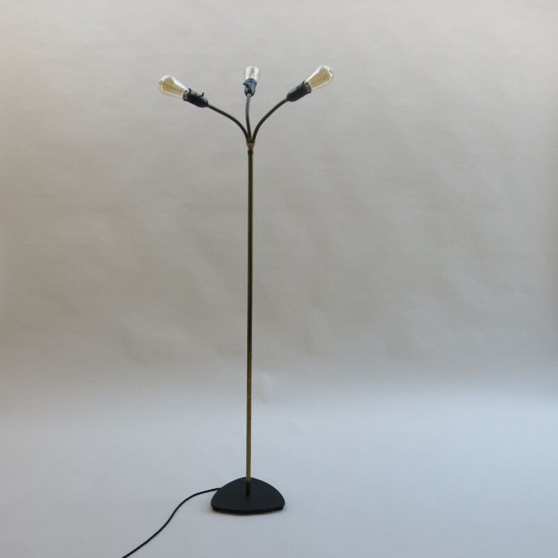 Vintage brass and metal 3 branch floor lamp, Denmark, 1950s