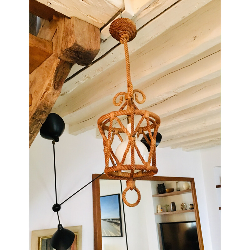 Suspension vintage Lanterne en corde par Adrien Audoux et Frida Minet, 1950