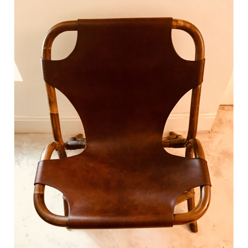 Set of 2 vintage leather and bamboo low chairs, 1960s