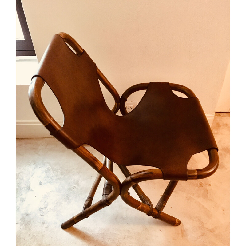 Set of 2 vintage leather and bamboo low chairs, 1960s