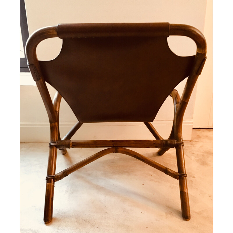 Set of 2 vintage leather and bamboo low chairs, 1960s
