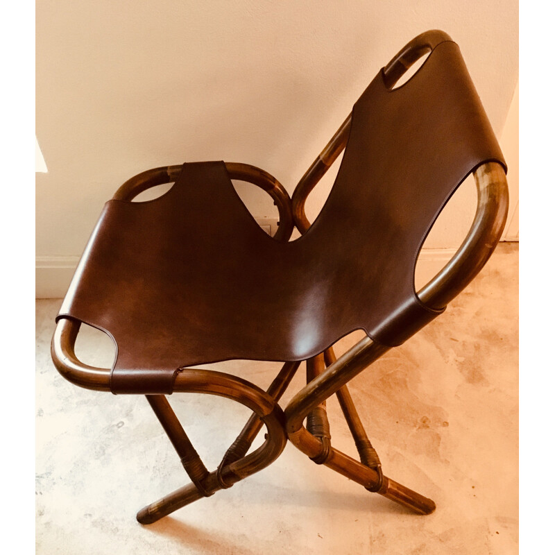 Set of 2 vintage leather and bamboo low chairs, 1960s