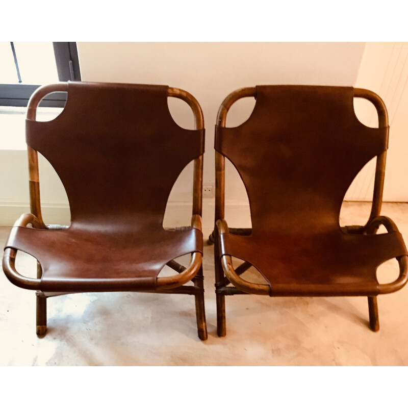 Set of 2 vintage leather and bamboo low chairs, 1960s