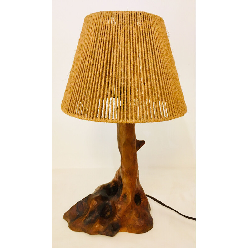Vintage "Brutaliste" wooden and rope table lamp, 1960s