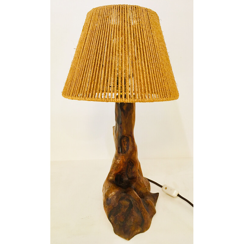 Lampe de table vintage "Brutaliste" en bois et corde, 1960