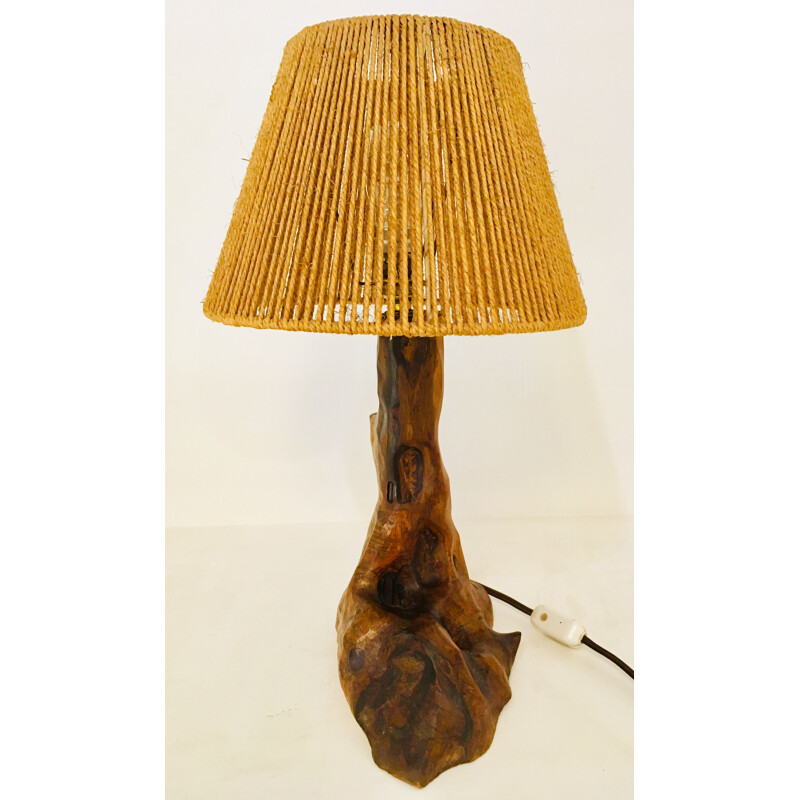 Vintage "Brutaliste" wooden and rope table lamp, 1960s