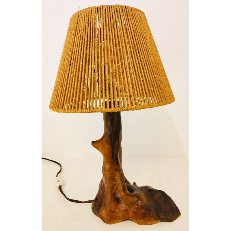 Lampe de table vintage "Brutaliste" en bois et corde, 1960