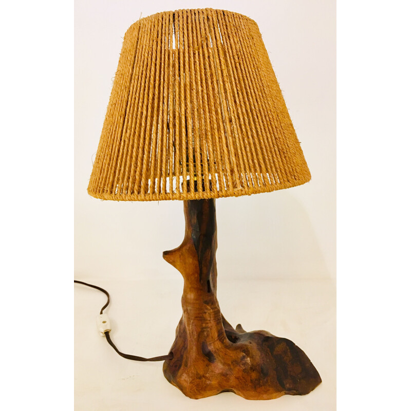 Vintage "Brutaliste" wooden and rope table lamp, 1960s