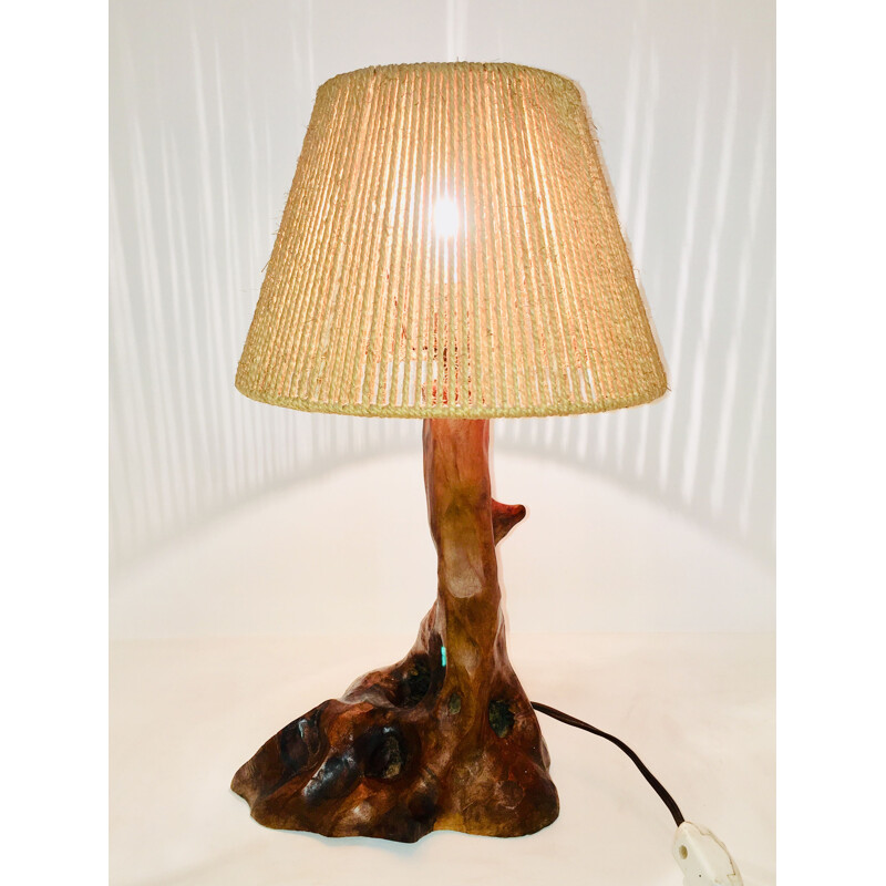 Vintage "Brutaliste" wooden and rope table lamp, 1960s