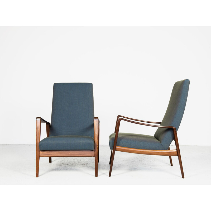 Pair vintage of easy chairs in teak by Arne Wahl Iversen with new fabric by Kvadrat 1960