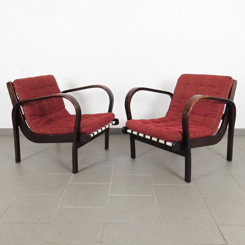 Pair of vintage red fabric armchairs 1930s