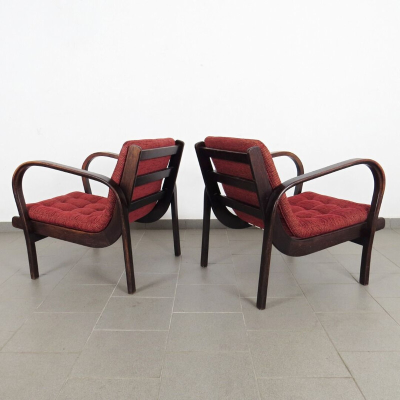 Paire de fauteuils en tissu rouge vintage des années 1930