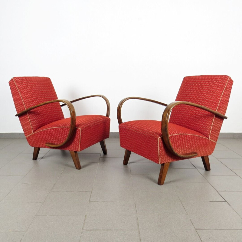 Pair of red vintage armchairs by Jindrich Halabala 1940