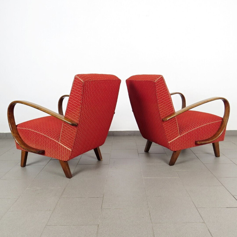 Pair of red vintage armchairs by Jindrich Halabala 1940