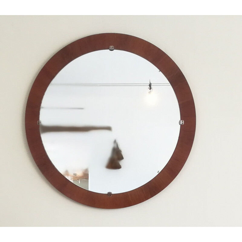 Specchio vintage rotondo in legno di teak, origine Danimarca 1960