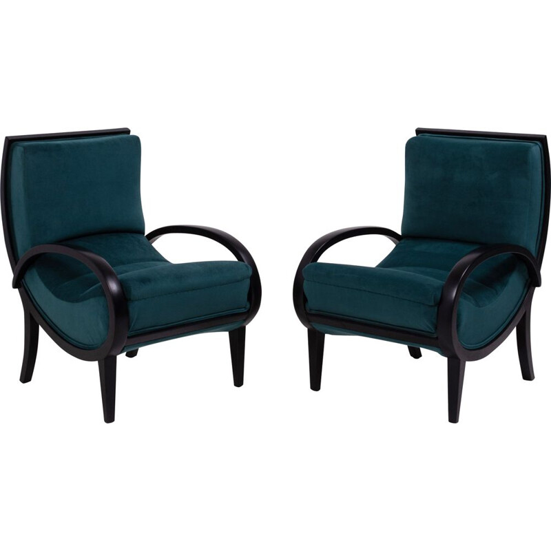 Set of 2 vintage velvet and wood armchairs, 1920s