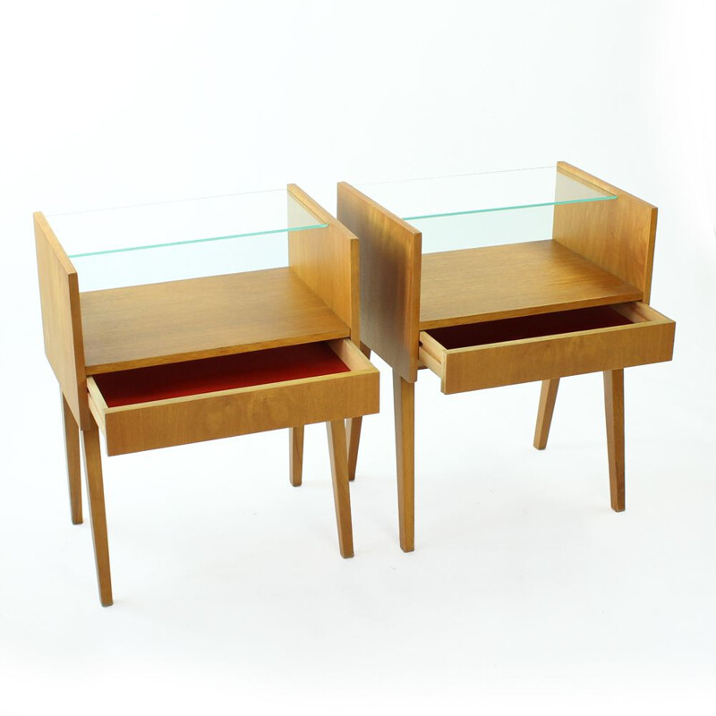 Set of 2 vintage bedside tables in wood and glass by Nabytok Bratislava, Czechoslovakia 1960s