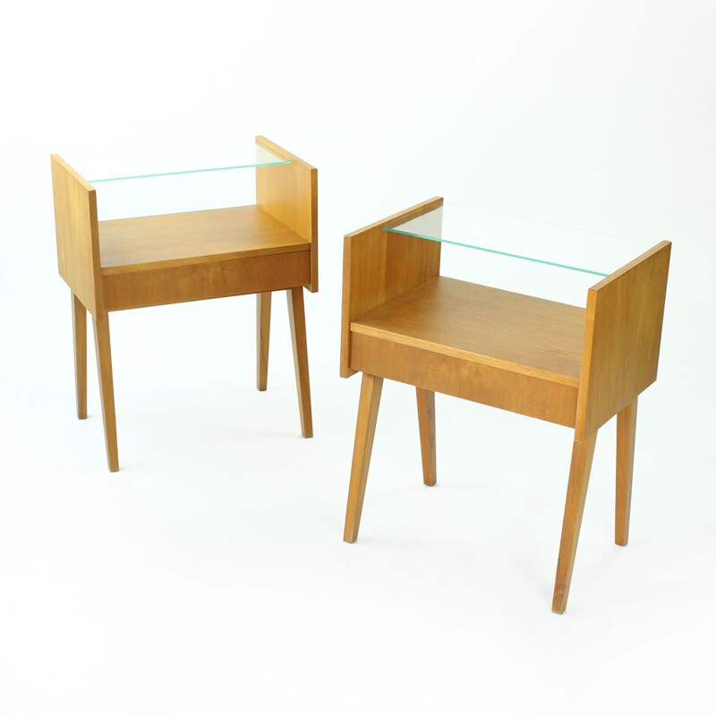 Set of 2 vintage bedside tables in wood and glass by Nabytok Bratislava, Czechoslovakia 1960s