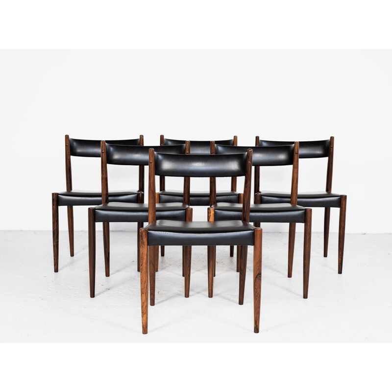 Ensemble de 6 chaises vintage danoises en palissandre et skai noir, 1960