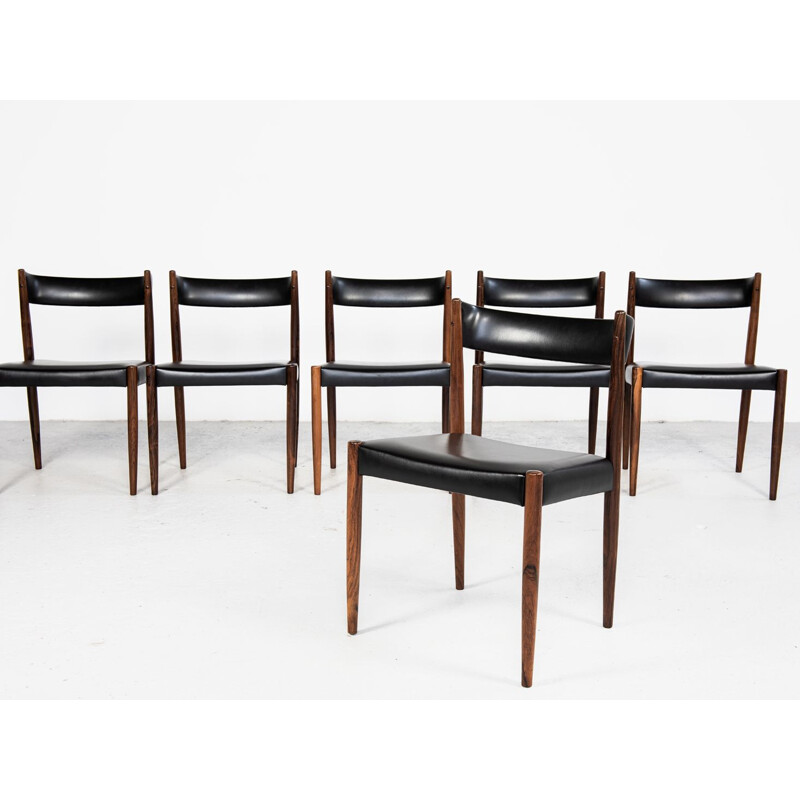 Ensemble de 6 chaises vintage danoises en palissandre et skai noir, 1960