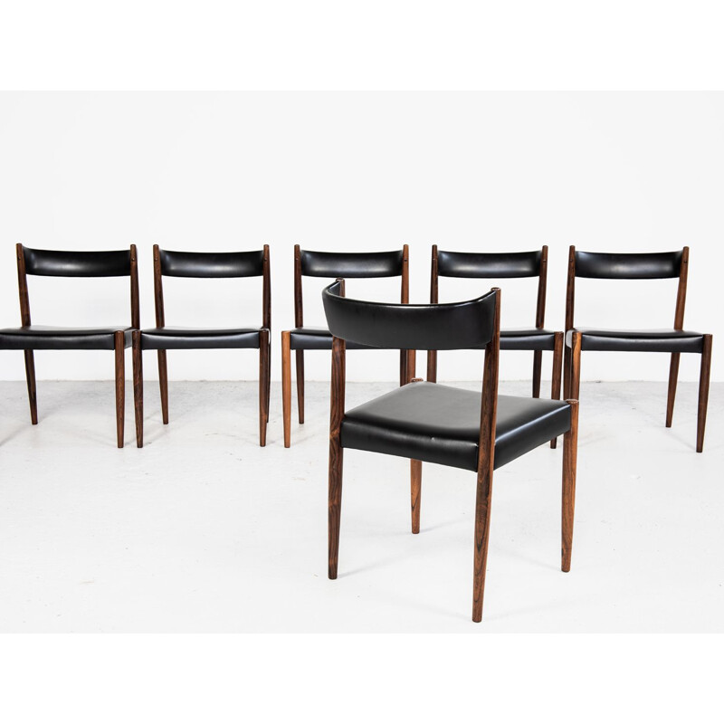 Set of  6 danish chairs in rosewood and black skai, 1960s