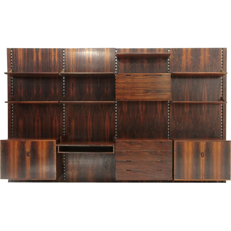 Vintage wood and brass modular wall bookcase by Marco Comolli for Mobilia, 1960s