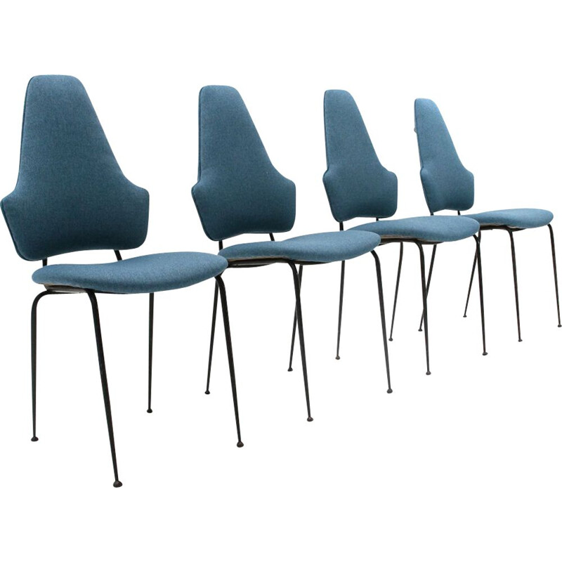 4 vintage black metal and fabric dining chairs, Italy, 1950s