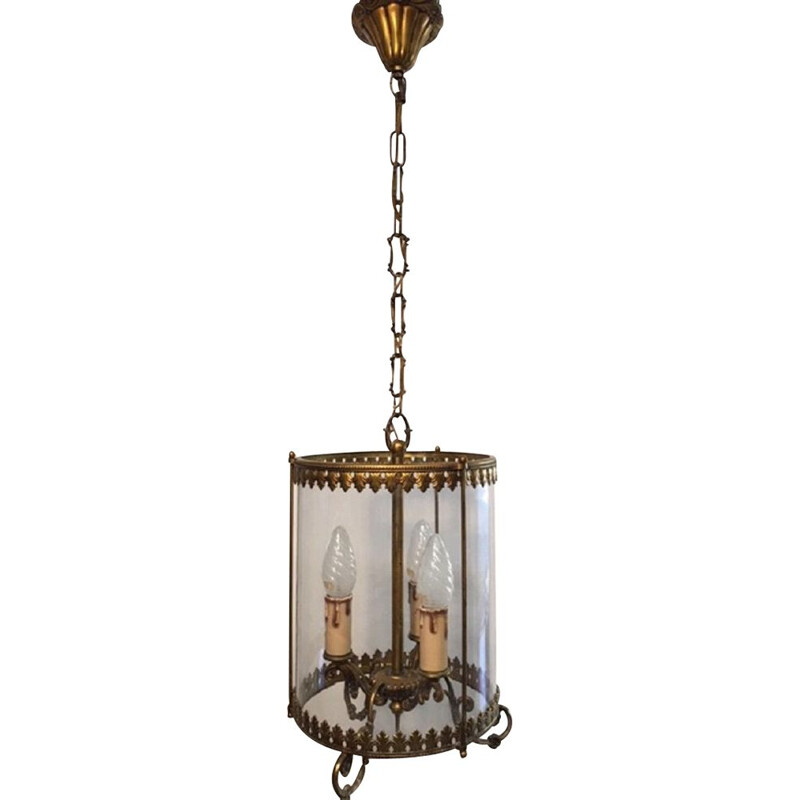 Vintage bronze and glass pendant light 3 lamps, 1950s