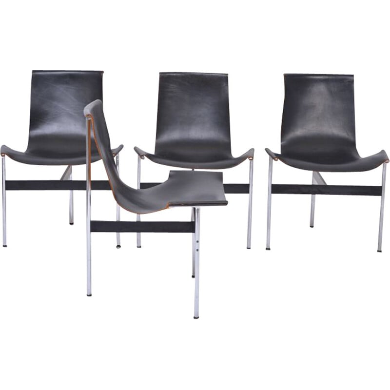 Set of four vintage T-Chairs in black leather by Katavolos, Littell and Kelly 1952