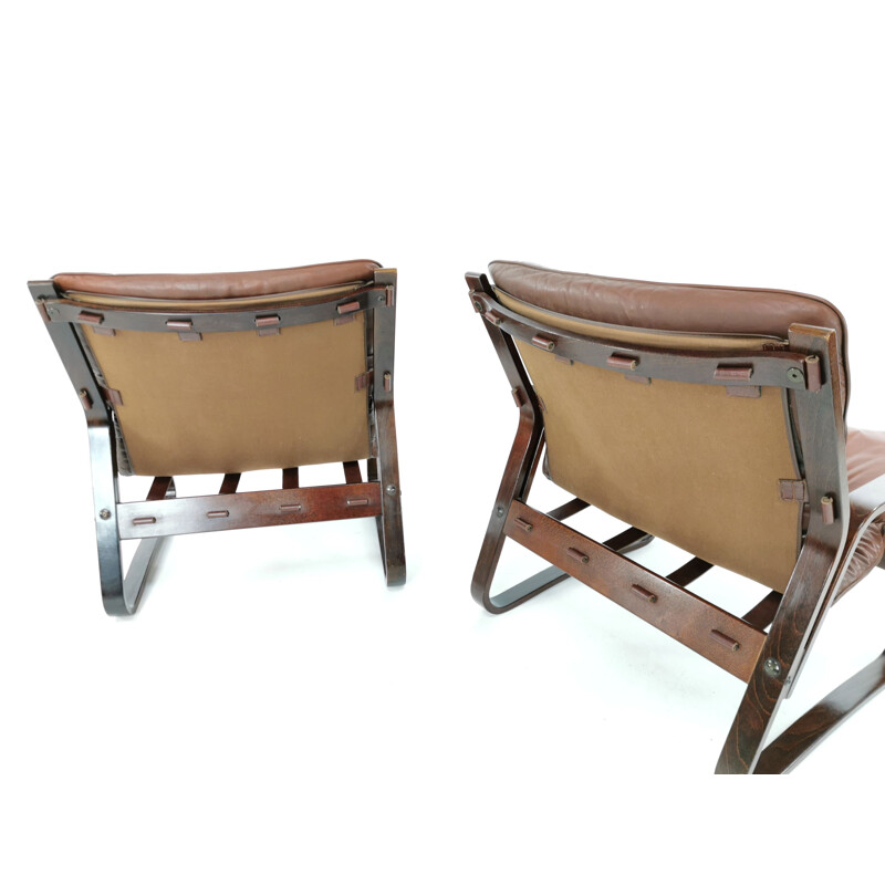 Paire de fauteuils vintage en palissandre et cuir, 1970