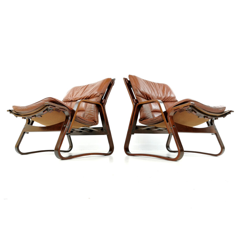 Pair of rosewood & leather vintage armchairs, 1970s