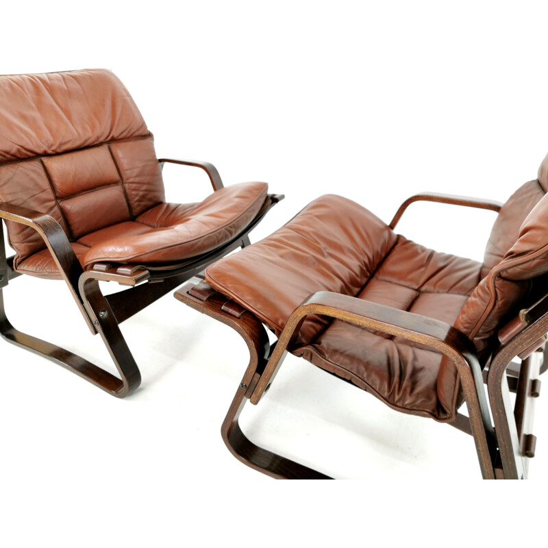 Pair of rosewood & leather vintage armchairs, 1970s