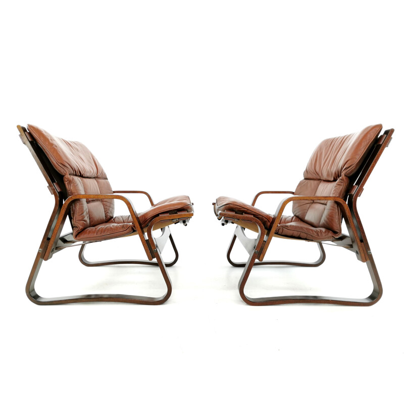 Pair of rosewood & leather vintage armchairs, 1970s