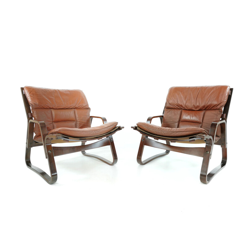 Pair of rosewood & leather vintage armchairs, 1970s