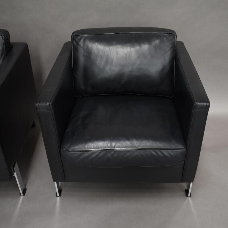 Pair of vintage black leather armchairs by De Sede, Switzerland 1970