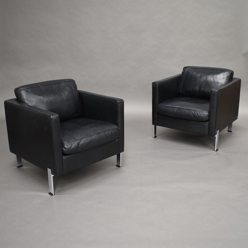 Pair of vintage black leather armchairs by De Sede, Switzerland 1970